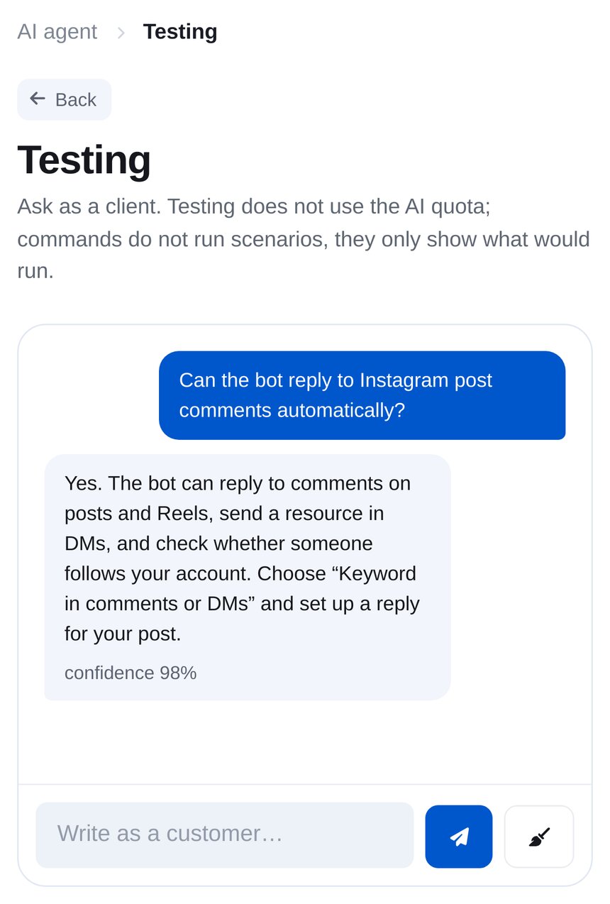 KI-Agent im Test: Ein Kunde fragt nach Instagram-Kommentaren, der Agent antwortet anhand der Wissensdatenbank