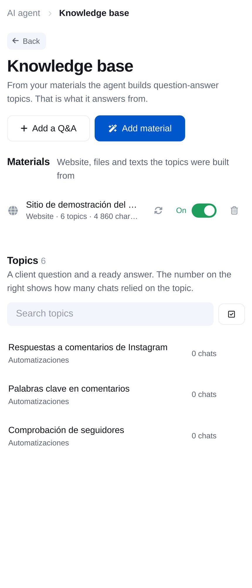 Base de conocimientos del agente: materiales de tu web y temas de preguntas y respuestas