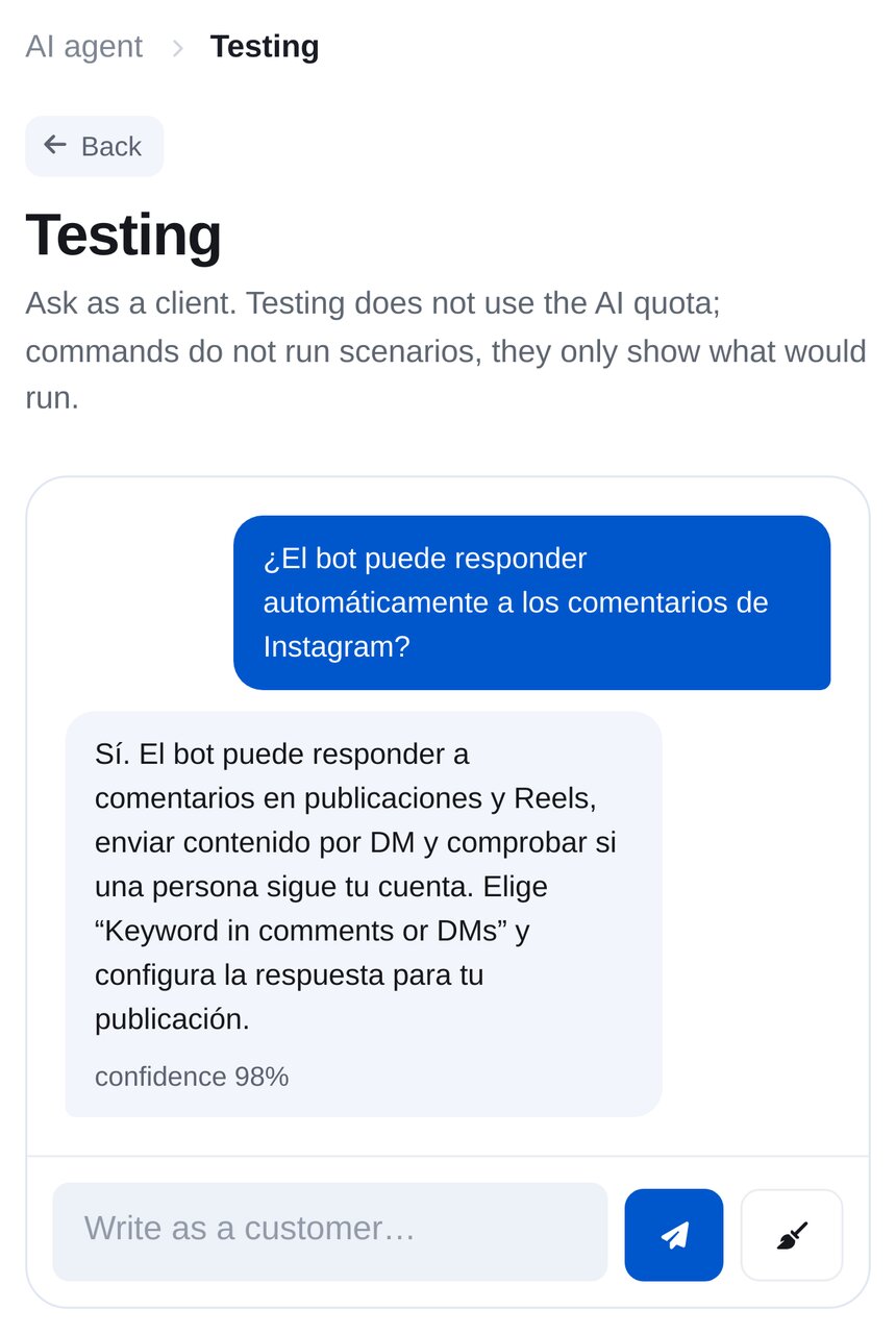 Prueba del agente: el cliente pregunta por respuestas a comentarios de Instagram y el agente contesta con su base de conocimientos