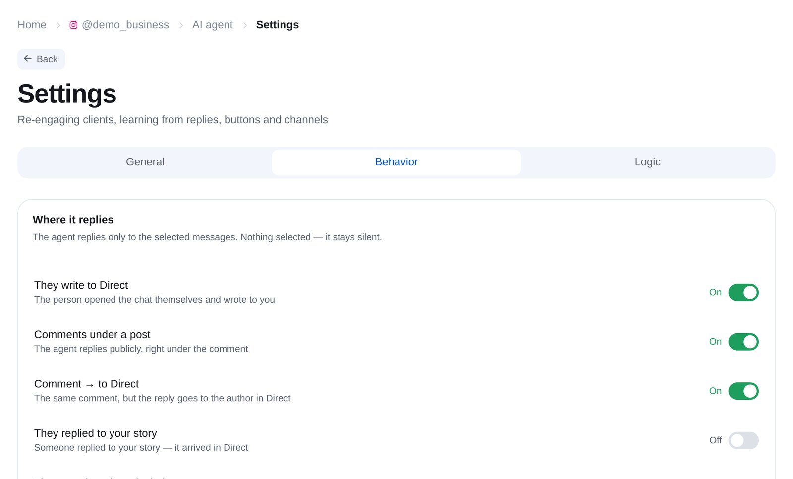 Paramètre « Where it replies » : messages privés, commentaires de publications, réponses en privé, réponses aux stories et mentions