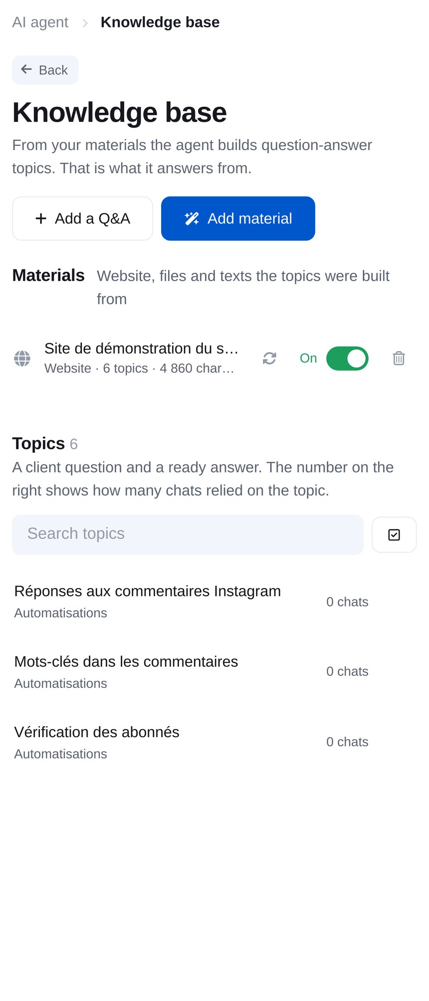 Base de connaissances de l’agent IA : contenus du site et fiches de questions-réponses créées à partir de ces contenus