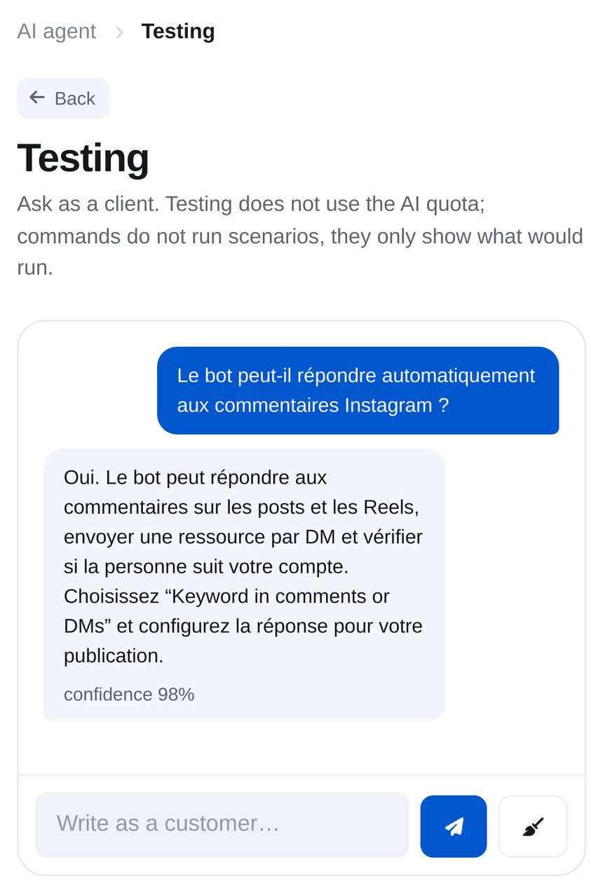 Test de l’agent IA : le client pose une question sur les réponses aux commentaires Instagram, l’agent répond à partir de sa base de connaissances