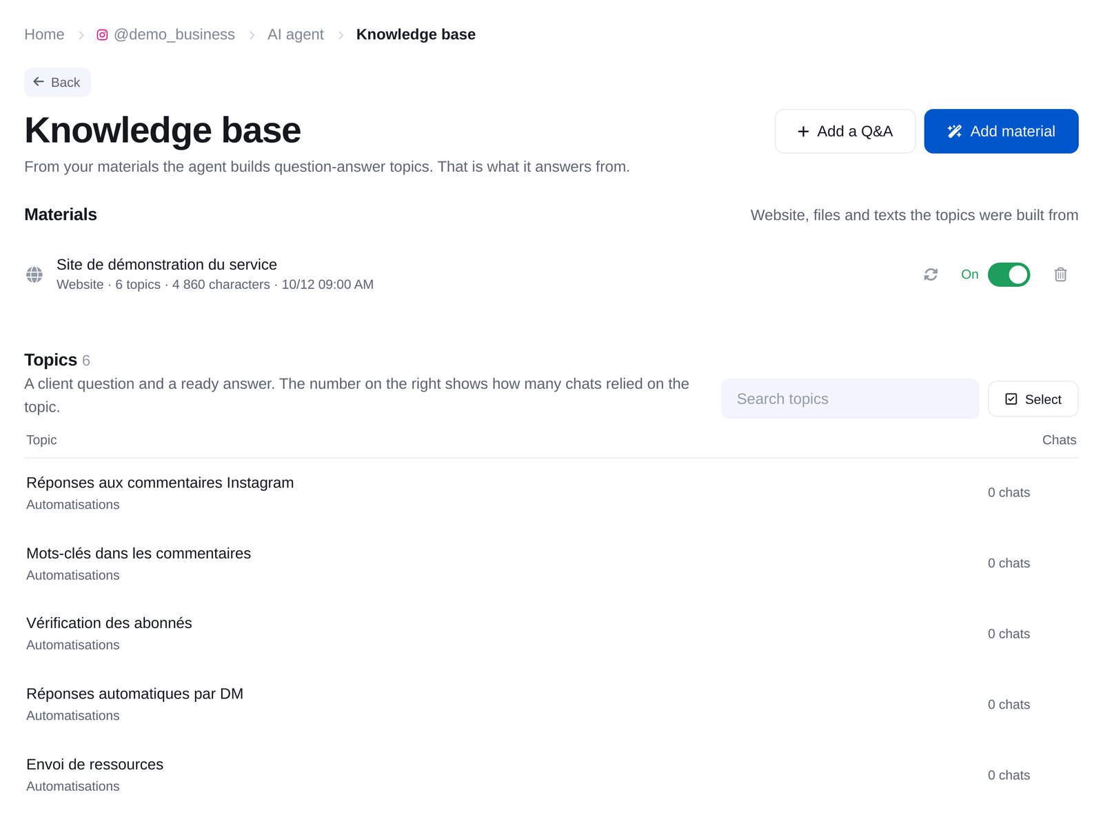 Section « Knowledge base » : contenus du site et explications du propriétaire, fiches de questions-réponses, recherche et catégories