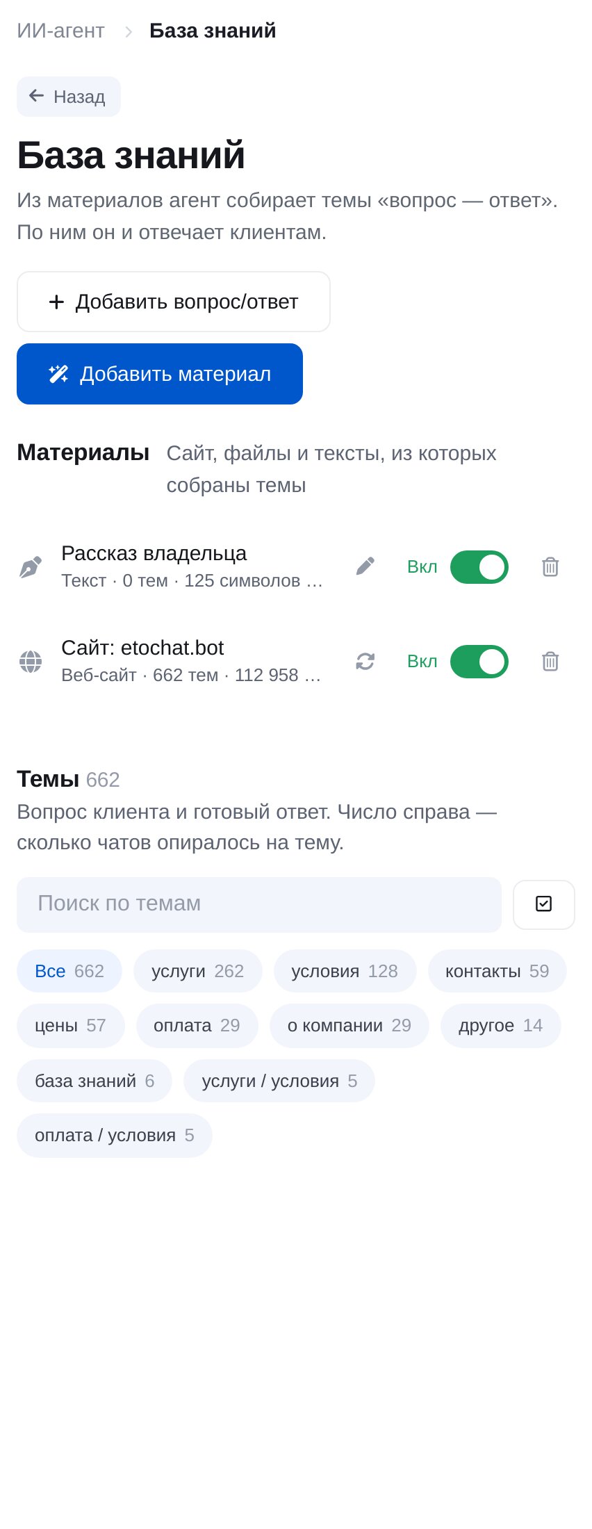 База знаний ИИ-агента: материалы с сайта и темы «вопрос — ответ», собранные из них