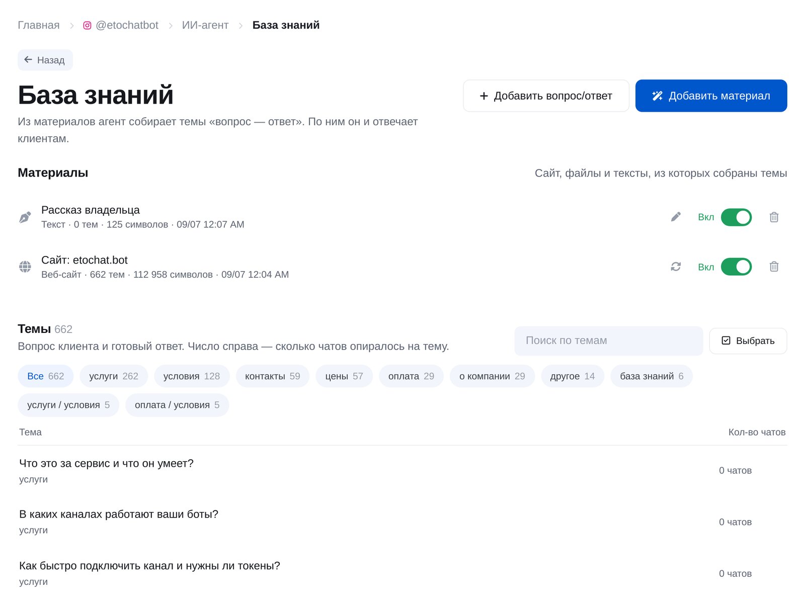 Раздел «База знаний»: материалы (сайт и рассказ владельца) и темы «вопрос — ответ» с поиском и разделами