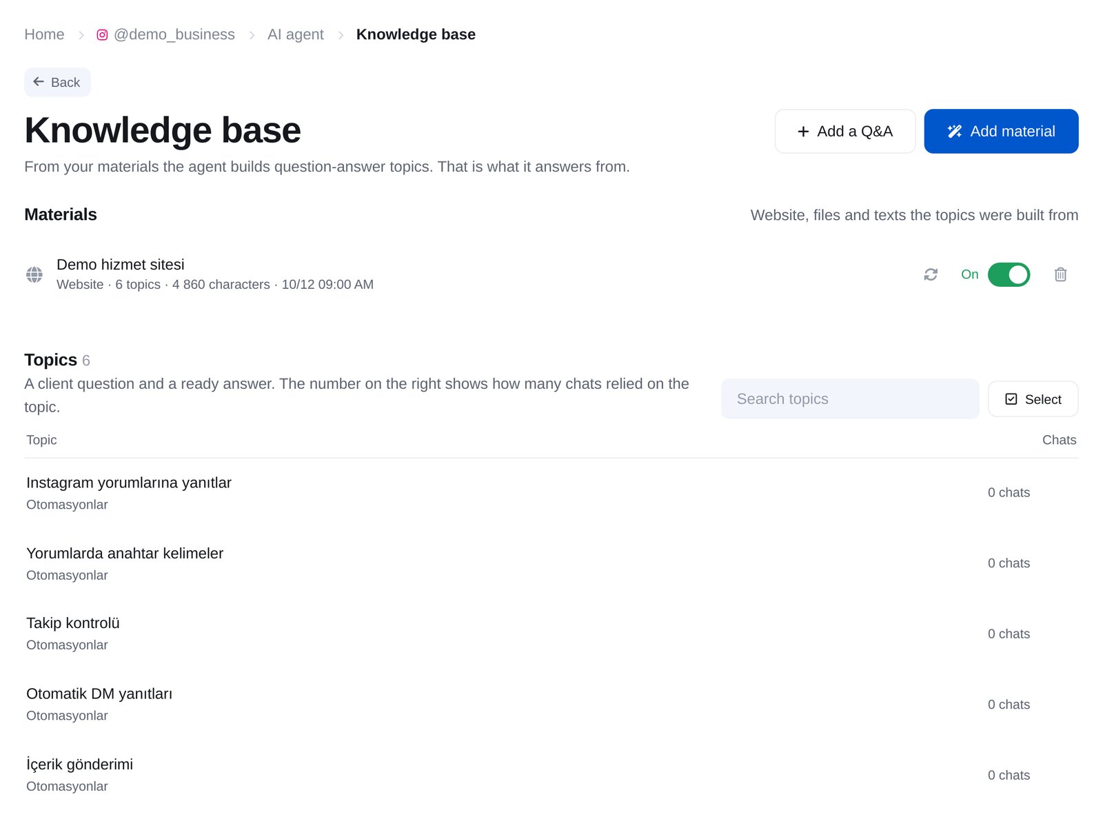 «Knowledge base» bölümü: site ve işletme sahibinin açıklaması, arama ve bölümlerle soru-cevap konuları