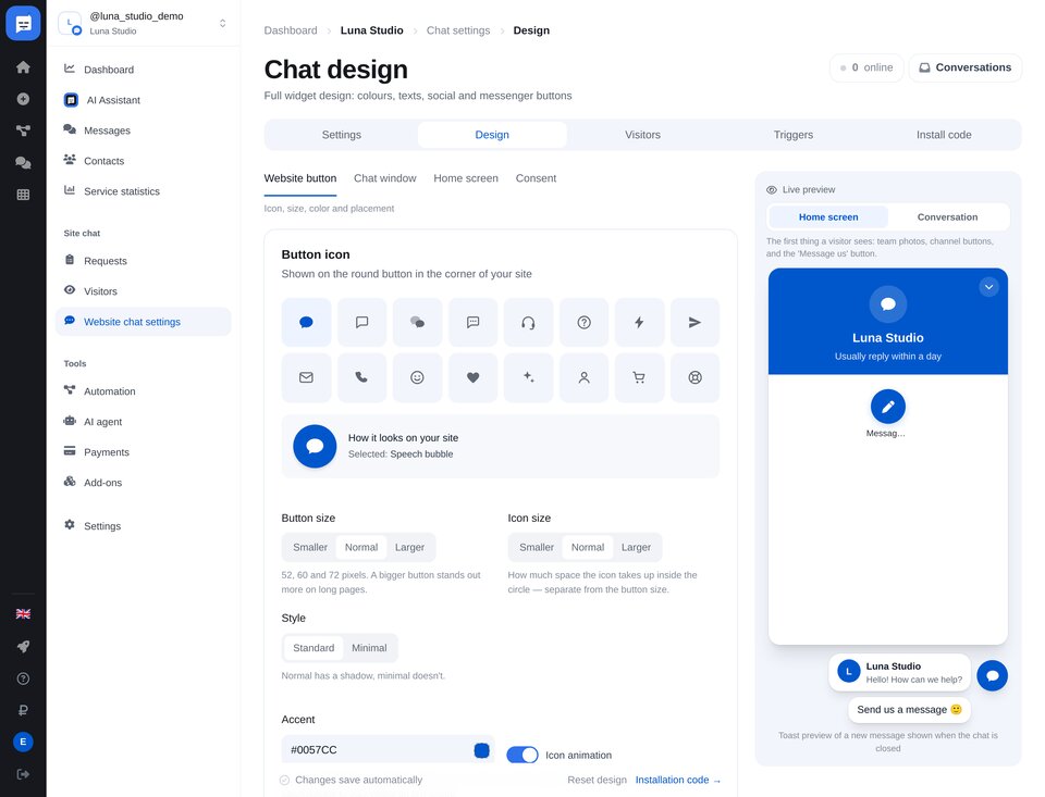 Design des Website-Chats anpassen: Button-Symbol, Chatfenster, Startansicht und Live-Vorschau
