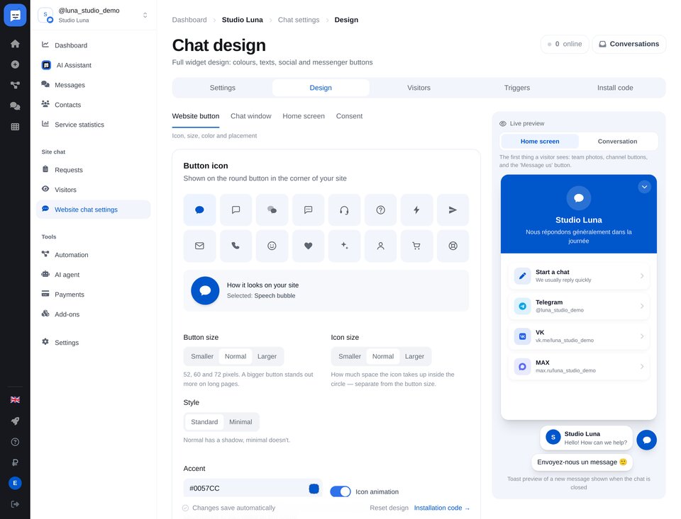 Personnalisation du chat : icône, fenêtre, écran d’accueil et aperçu en direct
