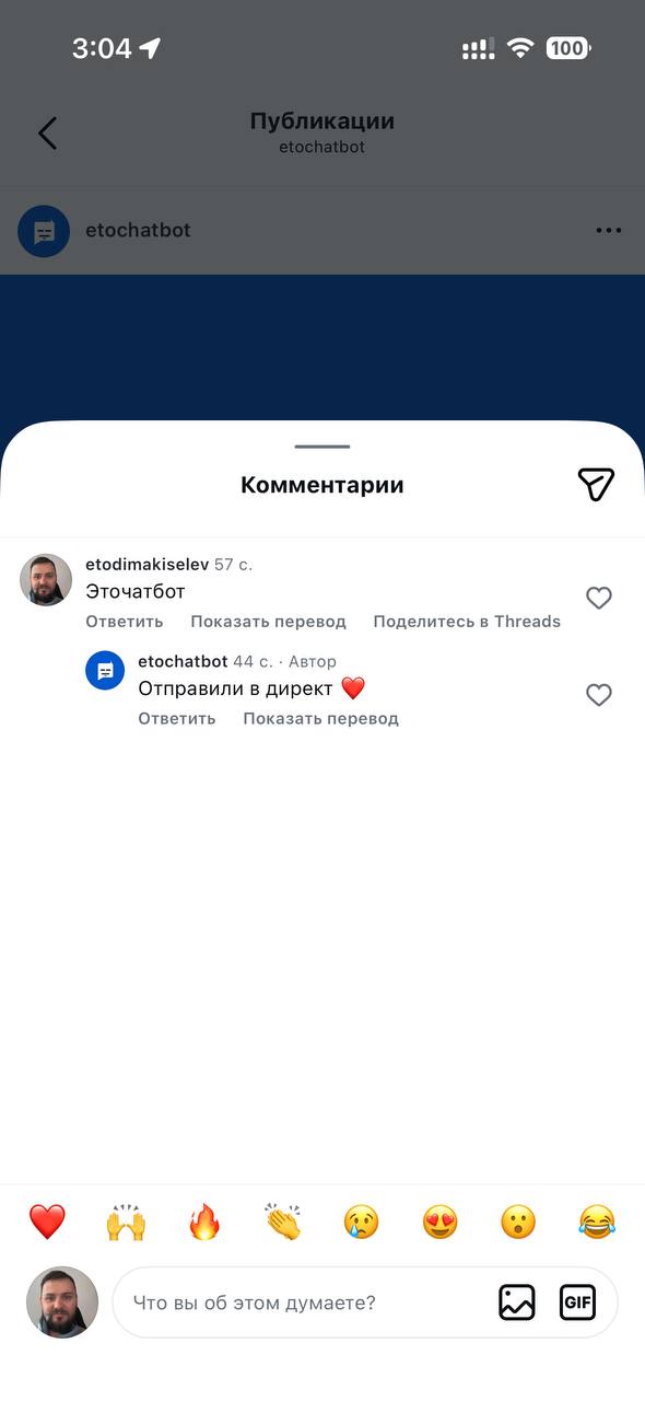 Ответ бота под постом в Instagram*: «Отправили в директ»