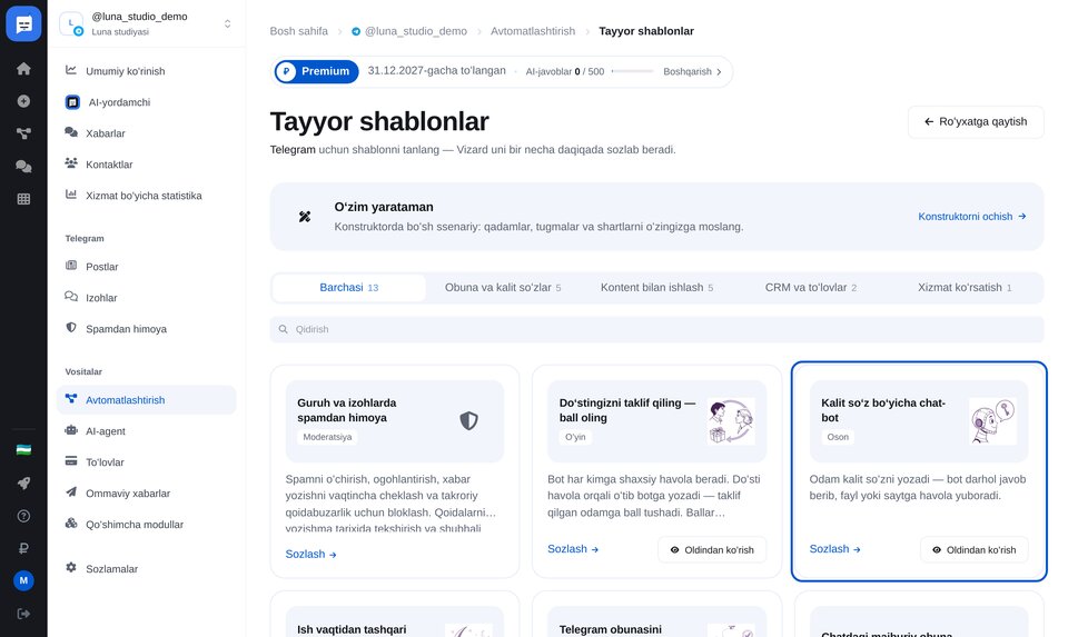 Tayyor chat-bot shablonlari