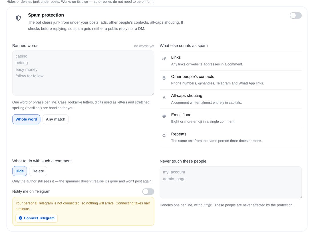 Spamschutz aktivieren – Einstellungsansicht in ETOCHATBOT