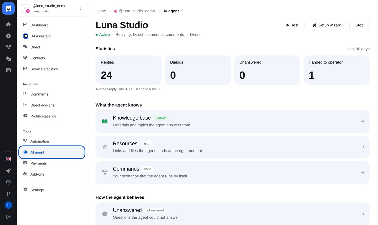 KI-Agent-Seite im ETOCHATBOT-Konto: Menüpunkt und Schaltfläche „Setup wizard“