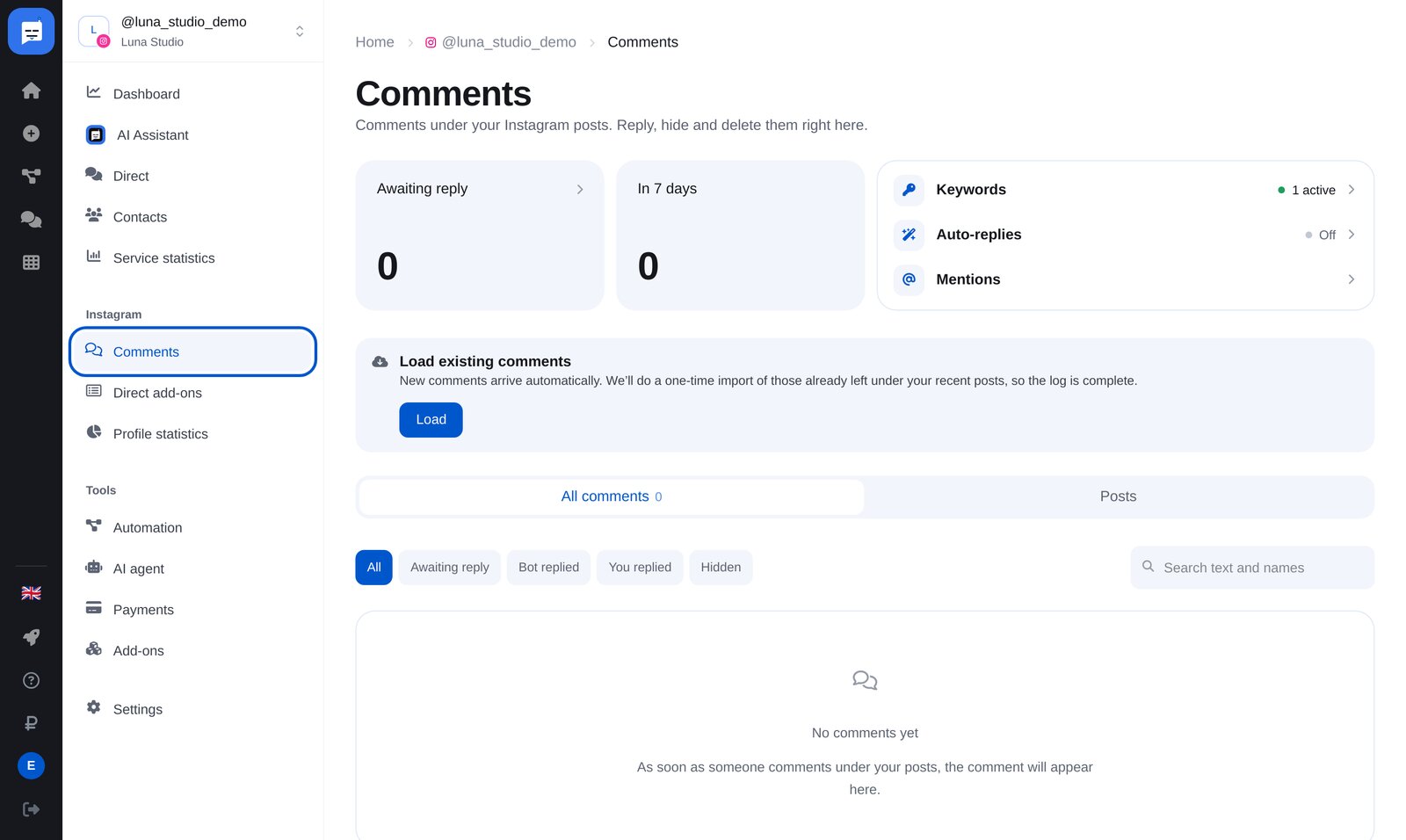 „Comments“ im ETOCHATBOT-Konto mit „Keywords“, „Auto-replies“ und „Mentions“