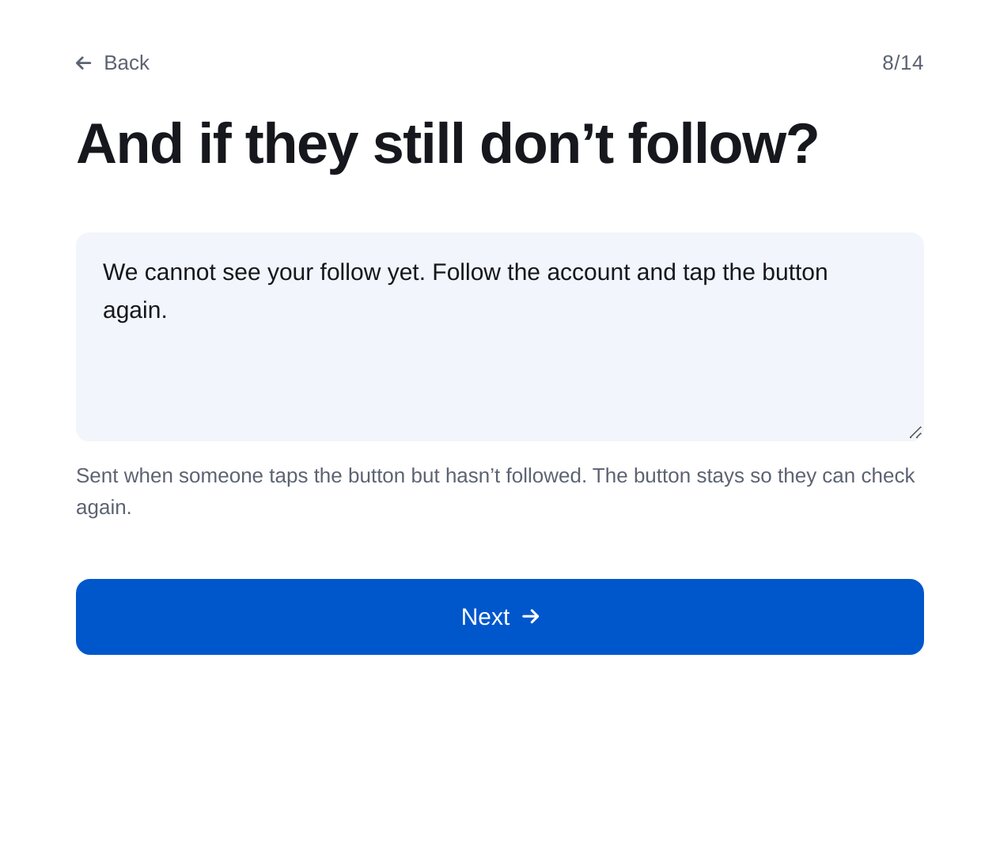 Antwort für Personen, die weiterhin nicht folgen – Einrichtung in ETOCHATBOT