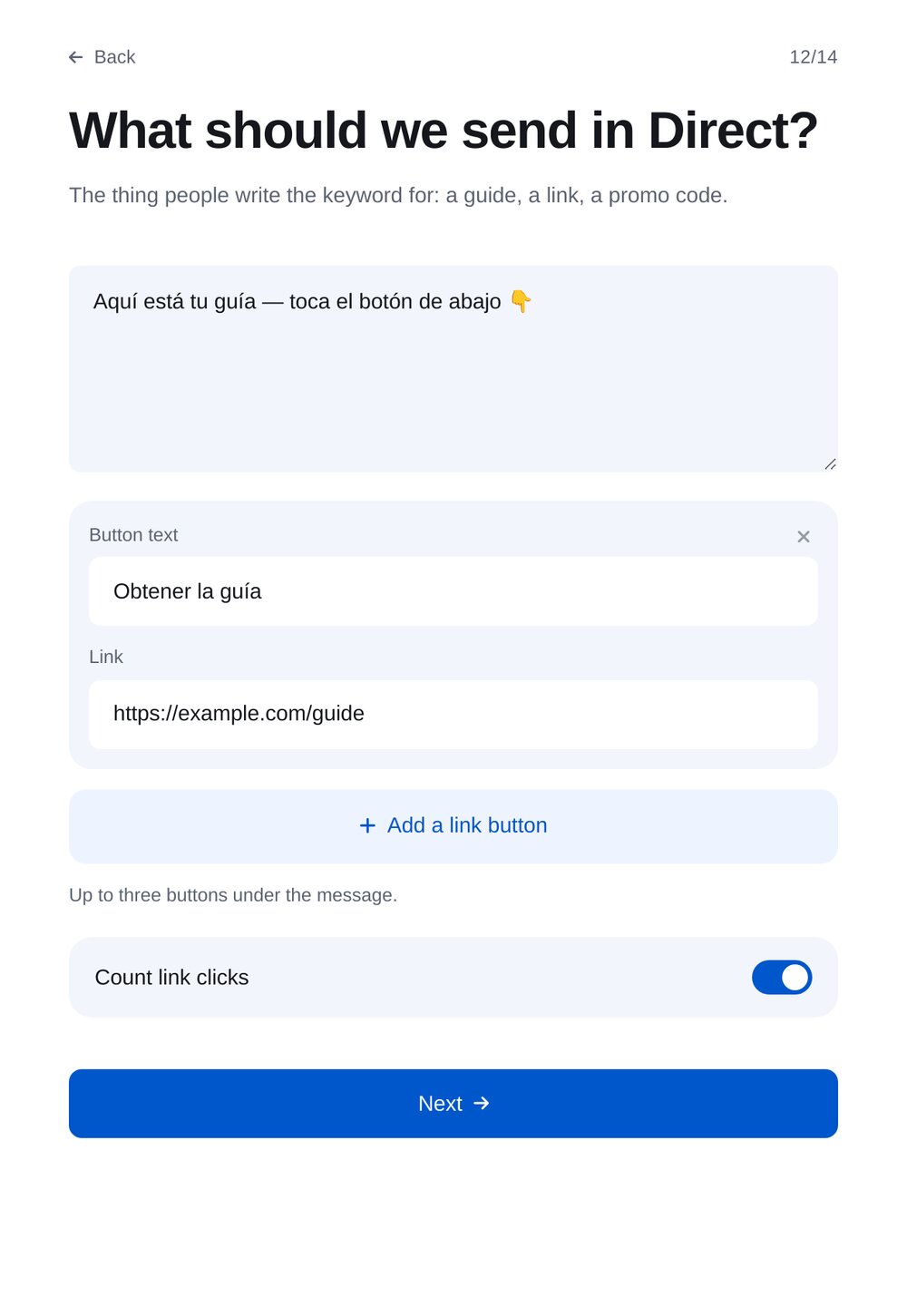 Configuración del mensaje directo en ETOCHATBOT