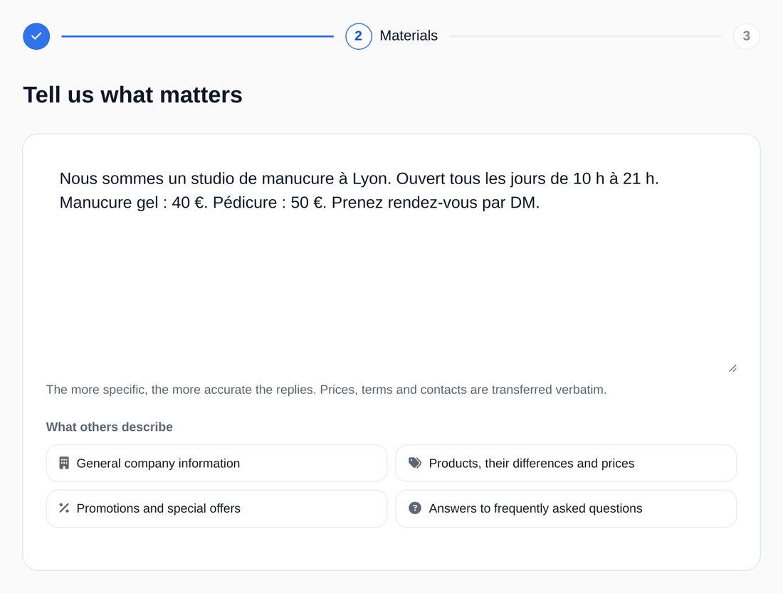 Assistant de configuration de l’agent IA : description de l’entreprise avec vos mots