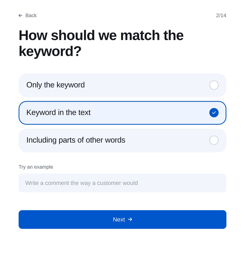 Choisir le type de correspondance — écran de configuration dans ETOCHATBOT