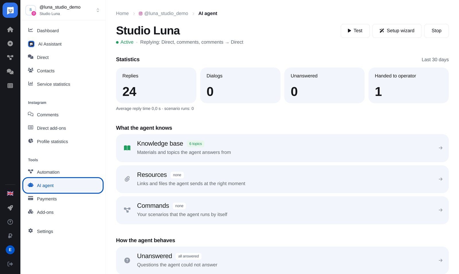 Page de l’agent IA dans ETOCHATBOT : menu et bouton « Setup wizard »