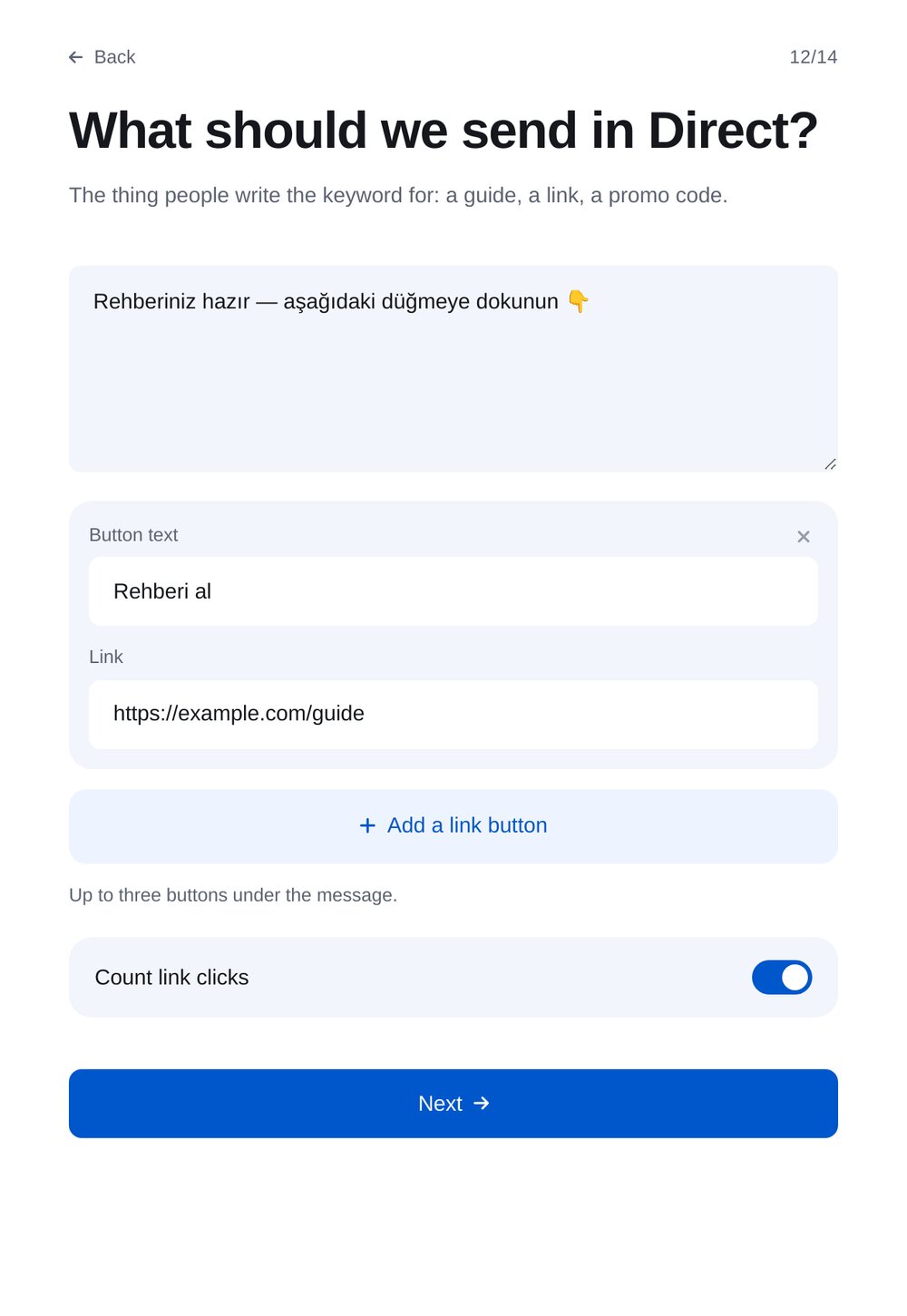 Direct’te ne gönderilsin? — ETOCHATBOT ayar ekranı