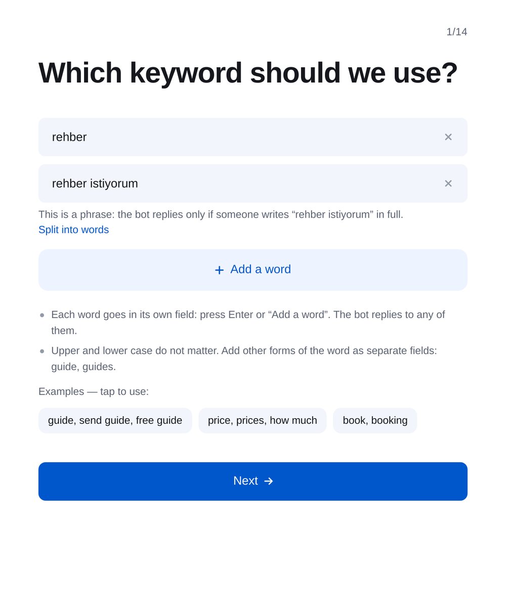 Anahtar kelimeyi belirleyin — ETOCHATBOT ayar ekranı