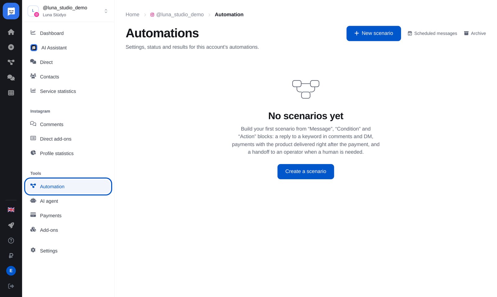 ETOCHATBOT panelindeki “Automation” bölümü: menü öğesi ve “New scenario” düğmesi