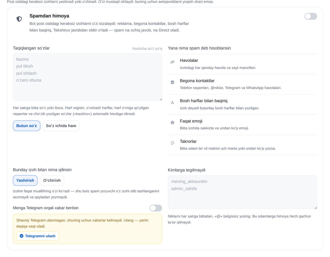 Spamdan himoyani yoqing — ETOCHATBOT sozlash ekrani
