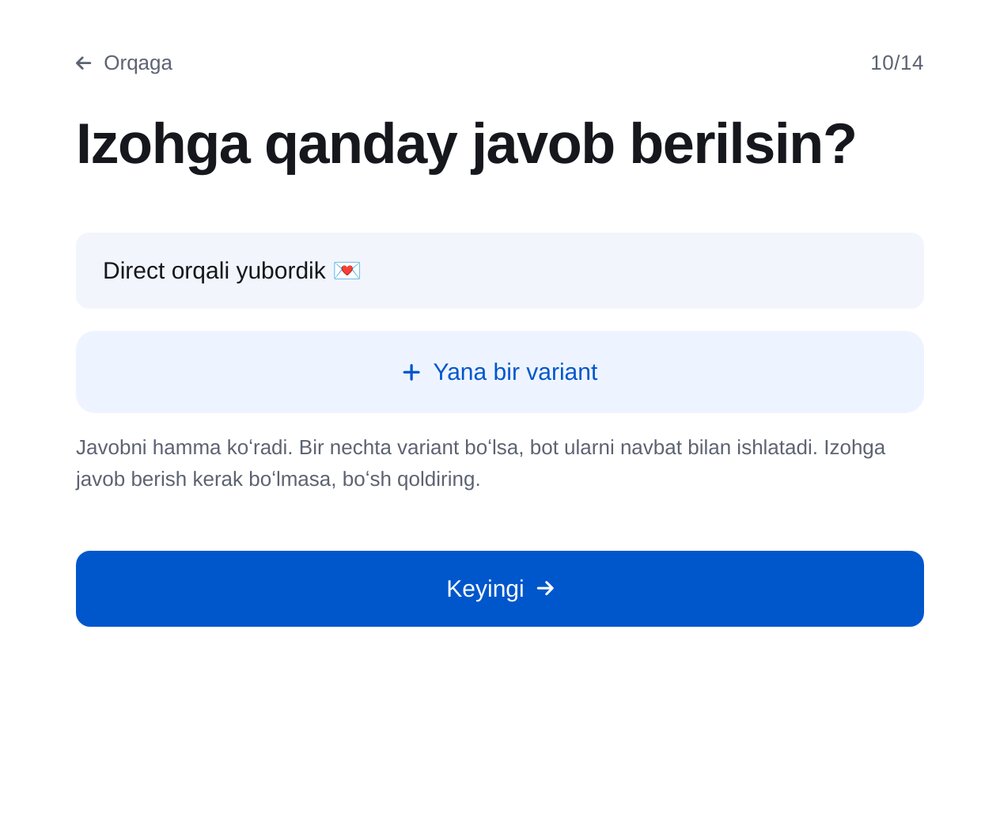 Izoh ostidagi javob — ETOCHATBOT sozlash ekrani