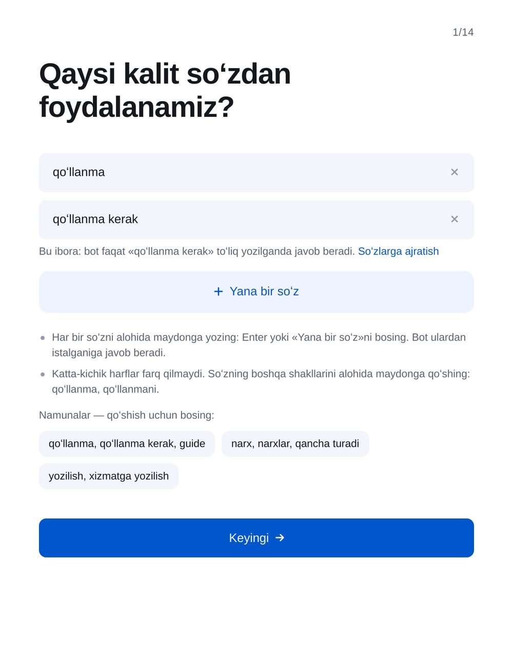Soʻzni belgilang — ETOCHATBOT sozlash ekrani