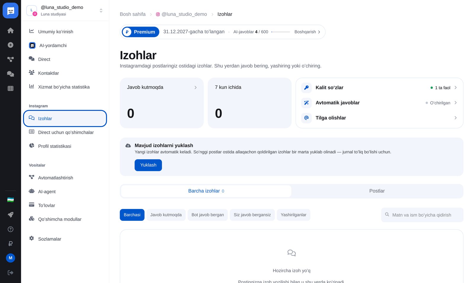 ETOCHATBOT «Izohlar» boʻlimi: «Kalit soʻzlar», «Avtojavoblar», «Tilga olishlar»