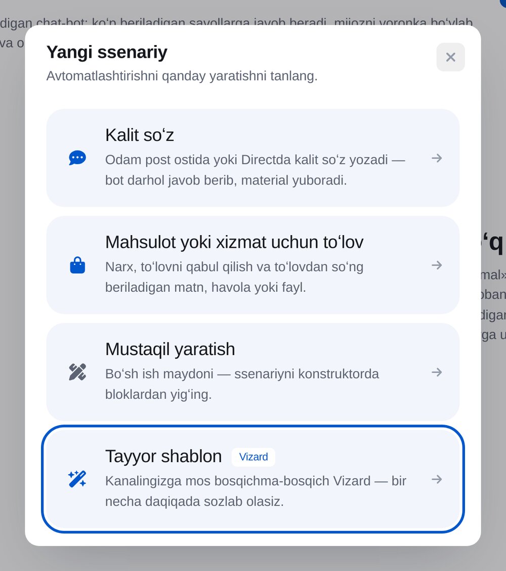 «Yangi ssenariy» oynasi: kalit soʻz, mahsulot toʻlovi, noldan yaratish va tayyor shablon