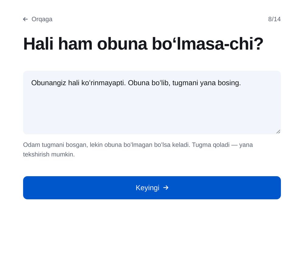 Obuna hali yoʻq boʻlsa, javob — ETOCHATBOT sozlash ekrani