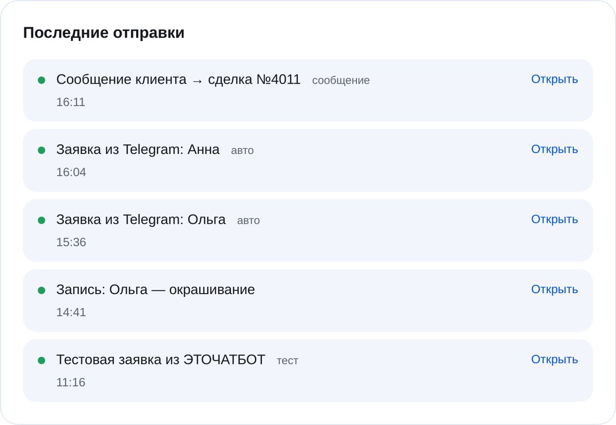 Последние отправки заявок в кабинете ЭТОЧАТБОТ