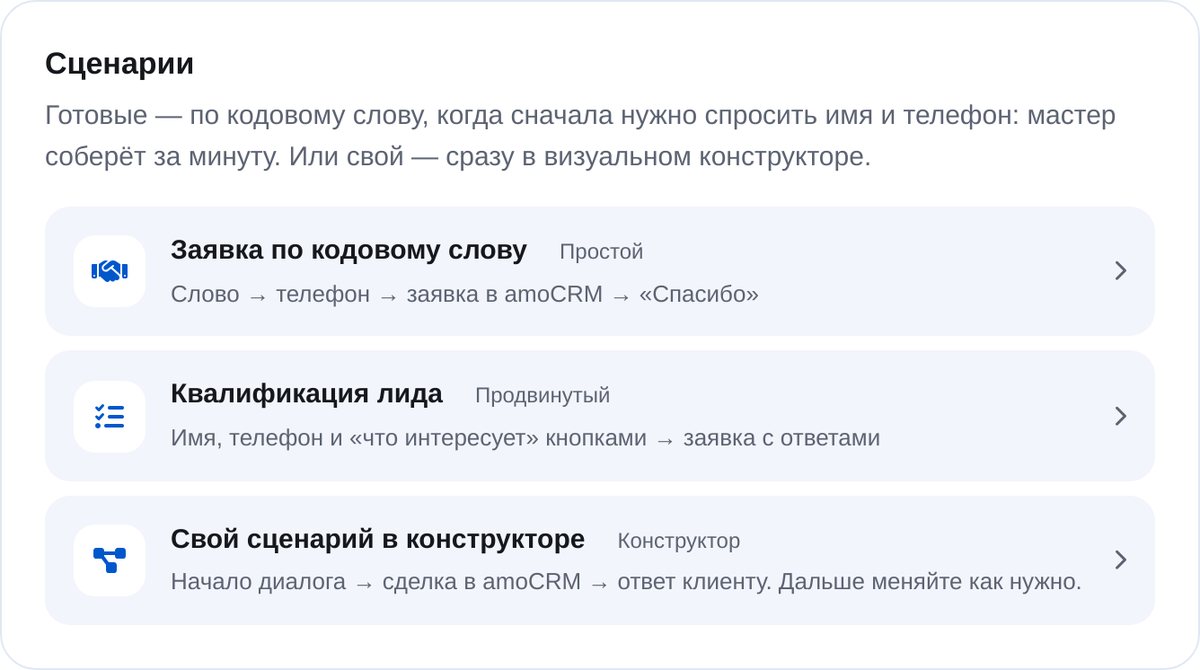 Готовые сценарии для amoCRM: заявка по кодовому слову, квалификация лида и свой сценарий в конструкторе
