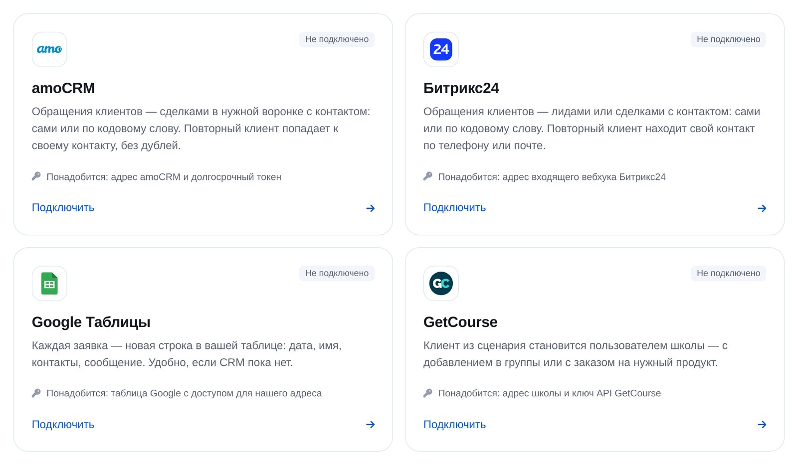 Интеграции в кабинете ЭТОЧАТБОТ: amoCRM, Битрикс24, Google Таблицы и GetCourse