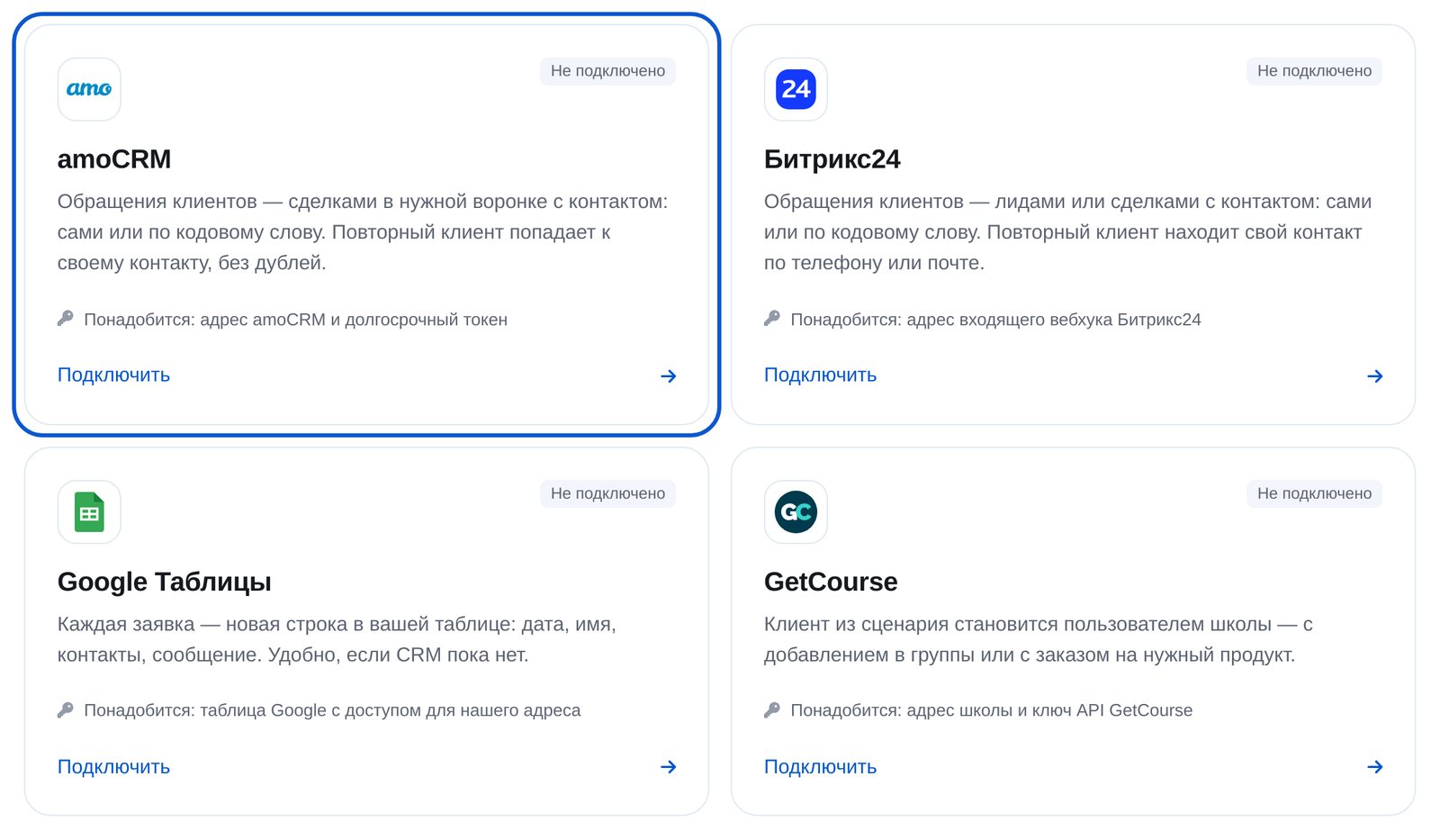 Карточка amoCRM среди интеграций в кабинете ЭТОЧАТБОТ