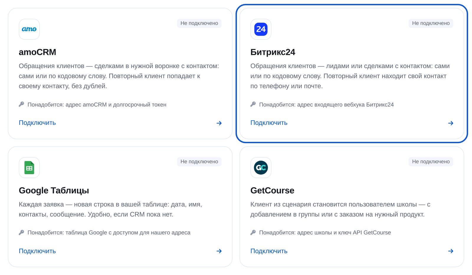 Карточка Битрикс24 среди интеграций в кабинете ЭТОЧАТБОТ