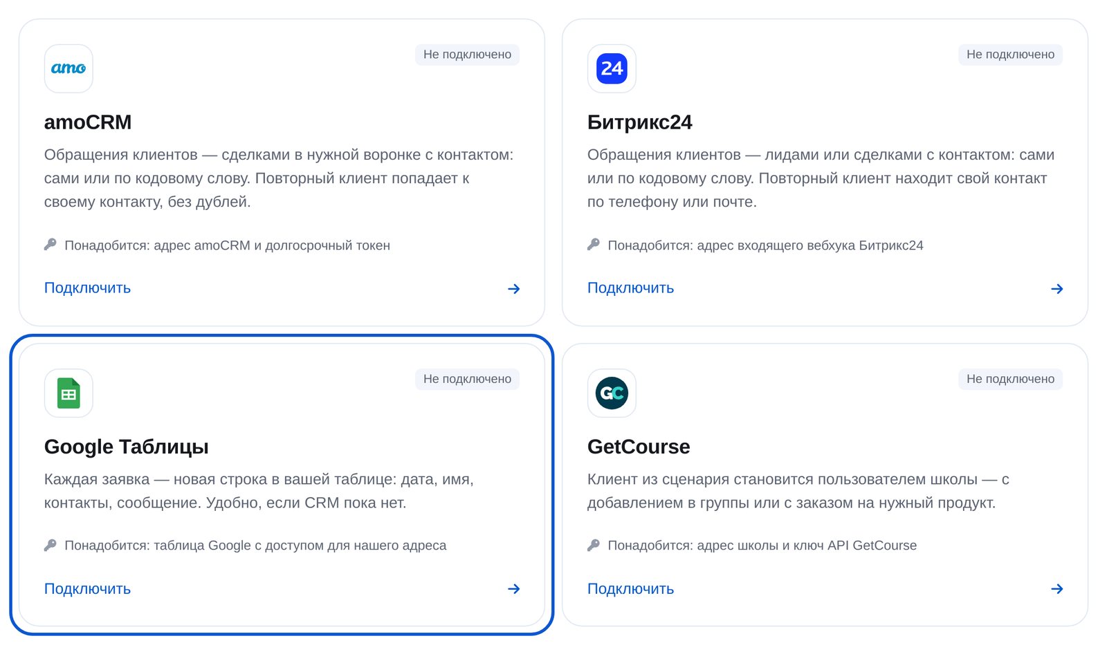 Карточка Google Таблицы среди интеграций в кабинете ЭТОЧАТБОТ