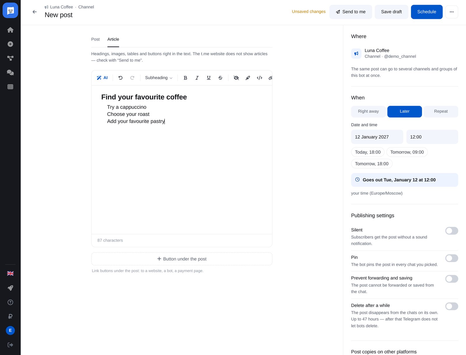 ETOCHATBOT Telegram article editor: a heading and numbered list, with publication date and time on the right