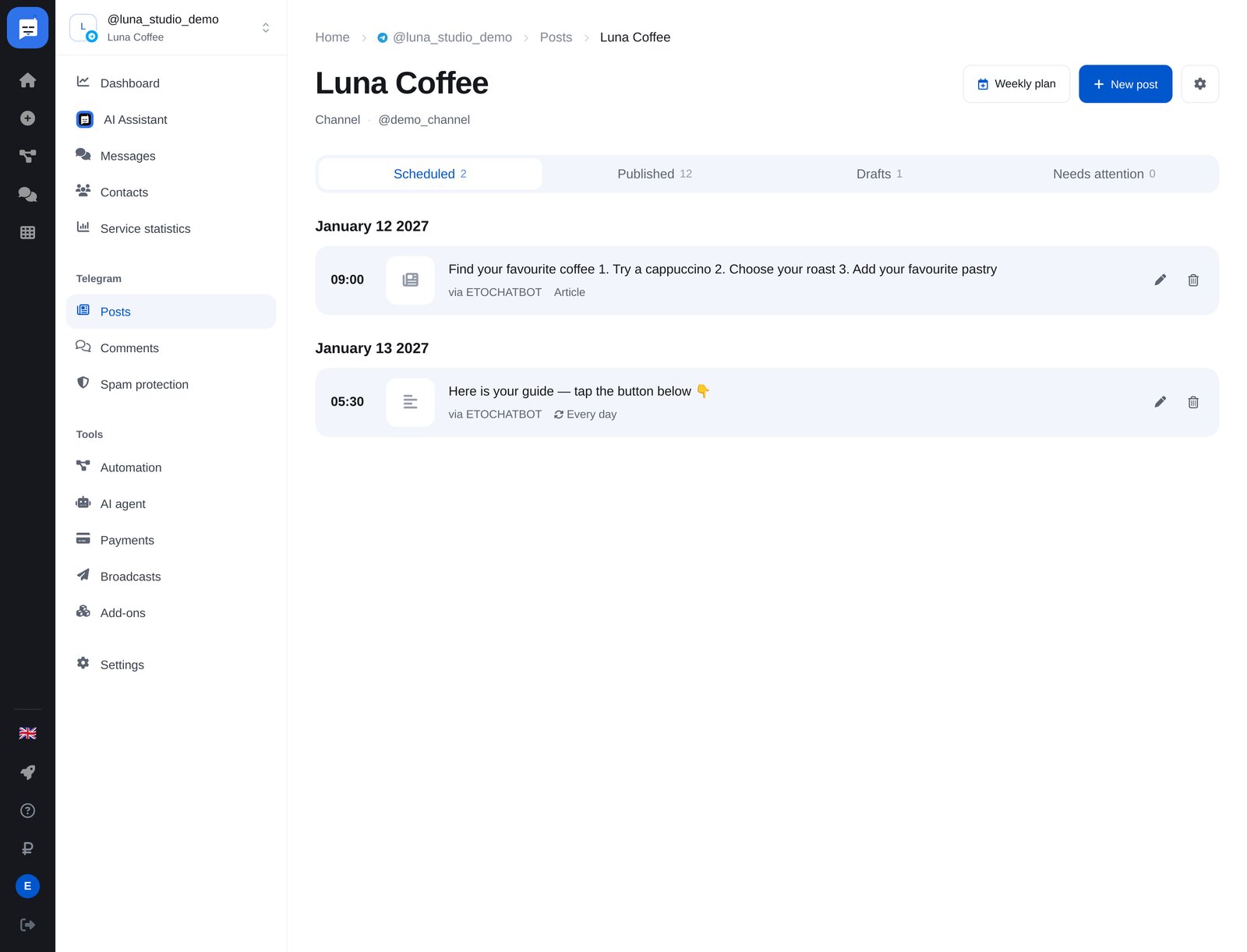 The ETOCHATBOT Posts channel page: posts scheduled by date, an Every day post and an article