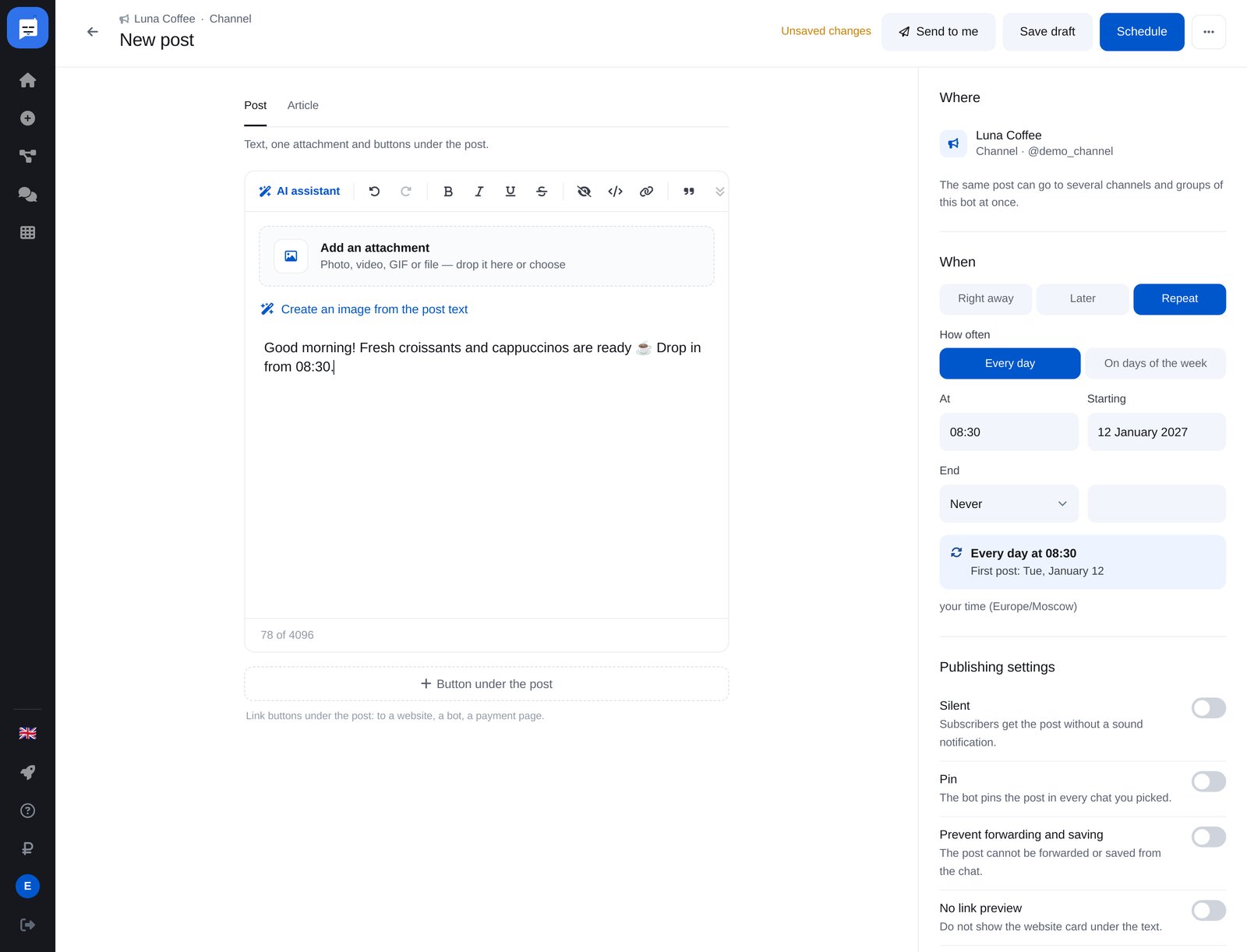 Recurring post settings in ETOCHATBOT: every day at 08:30, start date and end date
