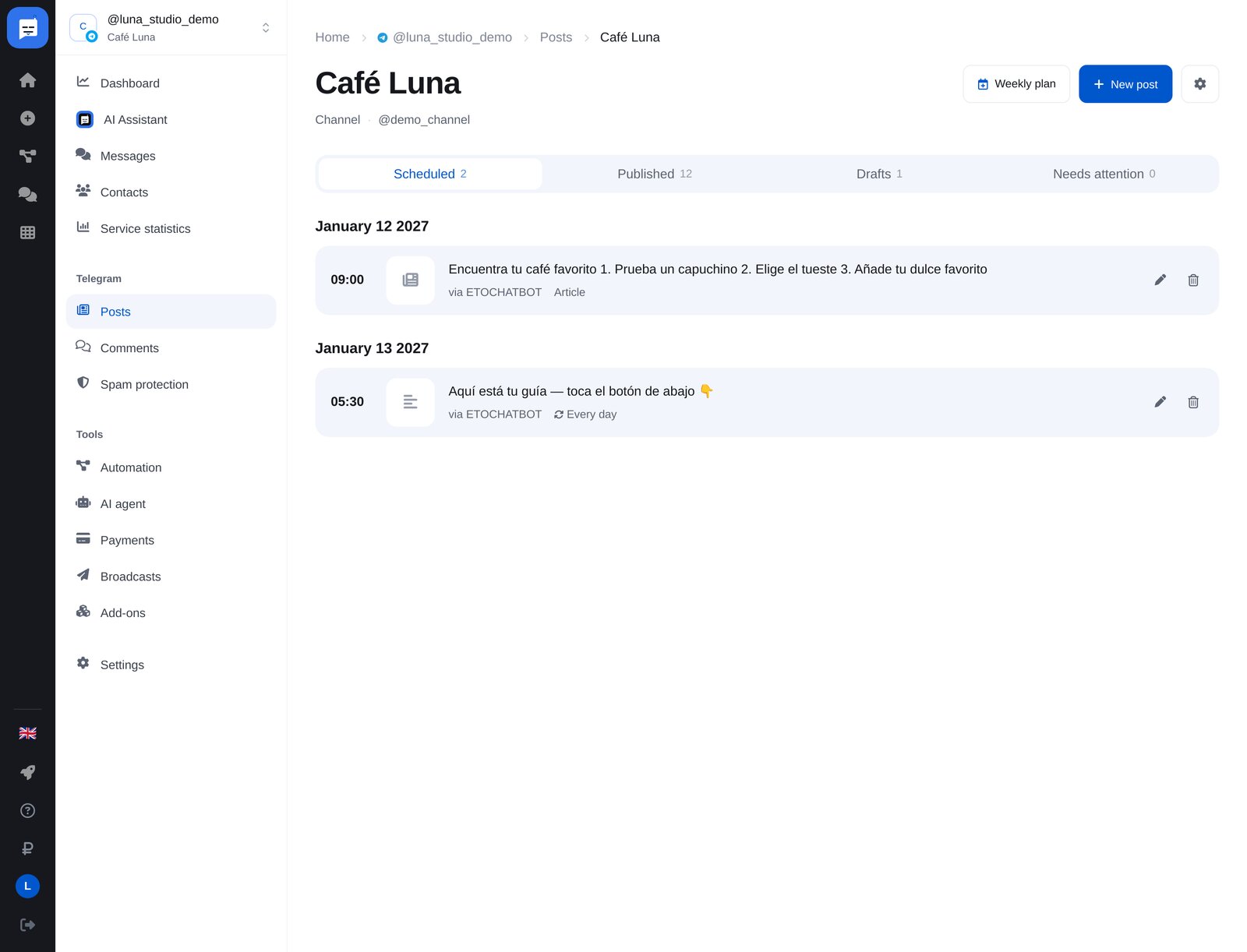 Canal en Posts de ETOCHATBOT: publicaciones programadas por fecha, post diario y artículo