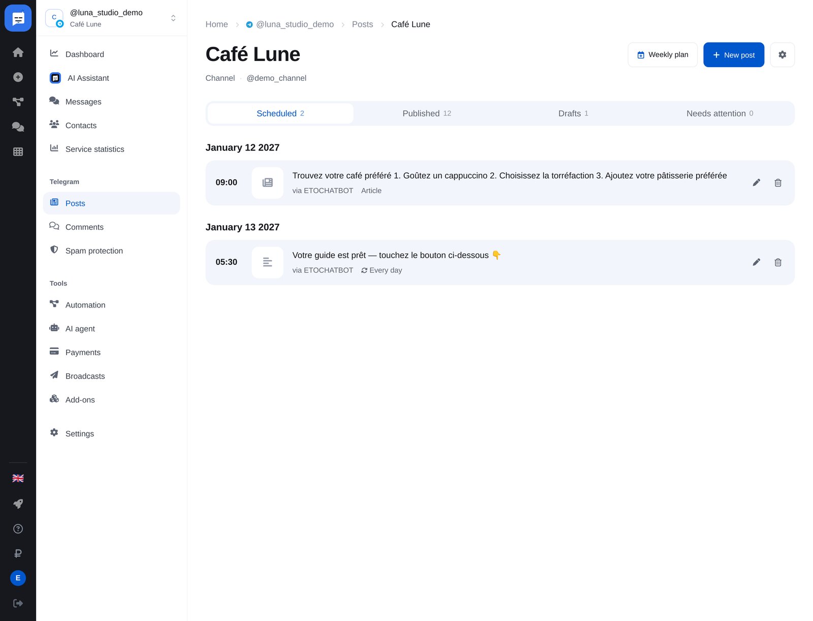 Page du canal dans « Posts » d’ETOCHATBOT : publications par date, post « Every day » et article