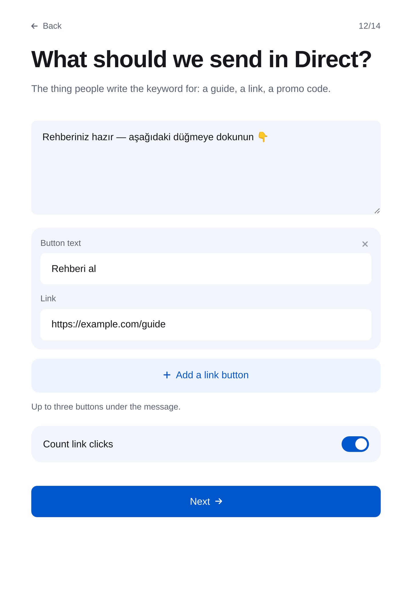 ETOCHATBOT sihirbazında Direct mesajı ve “Get the guide” düğmesi