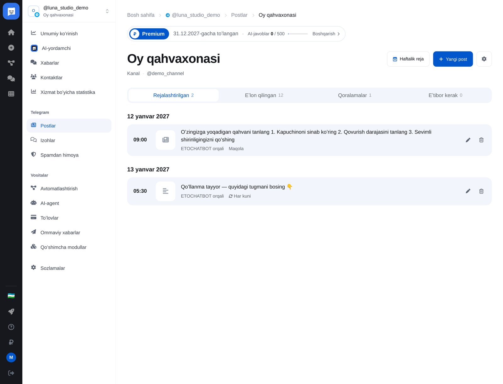 ETOCHATBOT «Postlar» boʻlimidagi kanal sahifasi: sanalar boʻyicha rejalashtirilgan postlar, «Har kuni» posti va maqola