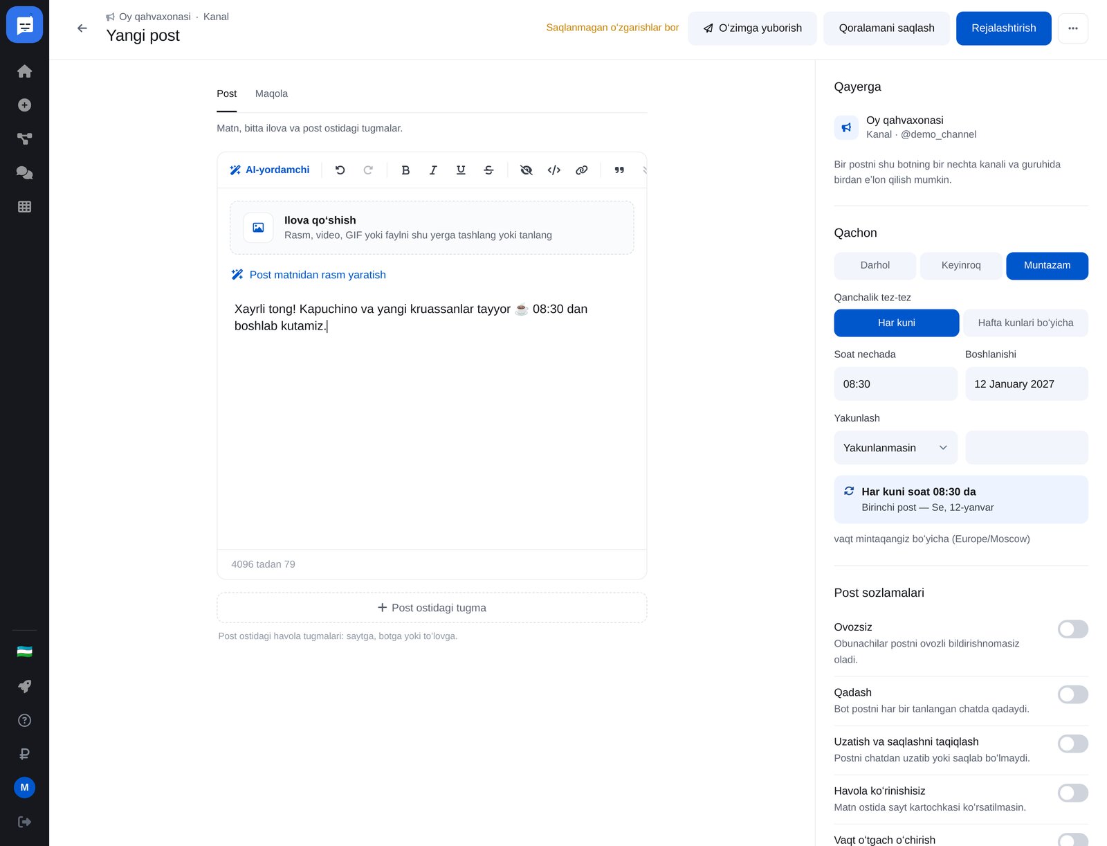 ETOCHATBOTda muntazam postni sozlash: har kuni 08:30 da, boshlanish va tugash sanasi