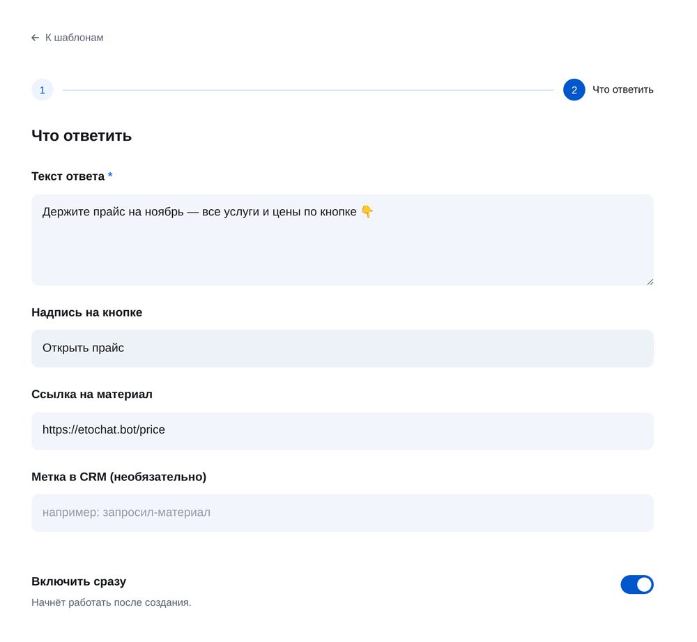 Текст и кнопка — экран настройки в ЭТОЧАТБОТ