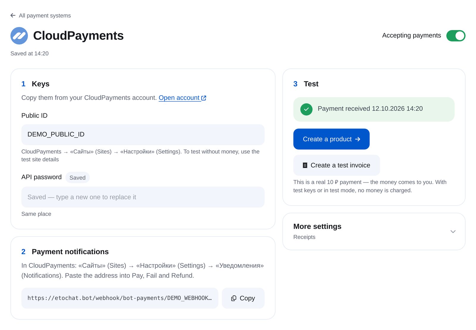 CloudPayments-Anbindung in ETOCHATBOT: Public ID, API-Passwort, Benachrichtigungsadresse und Testzahlung