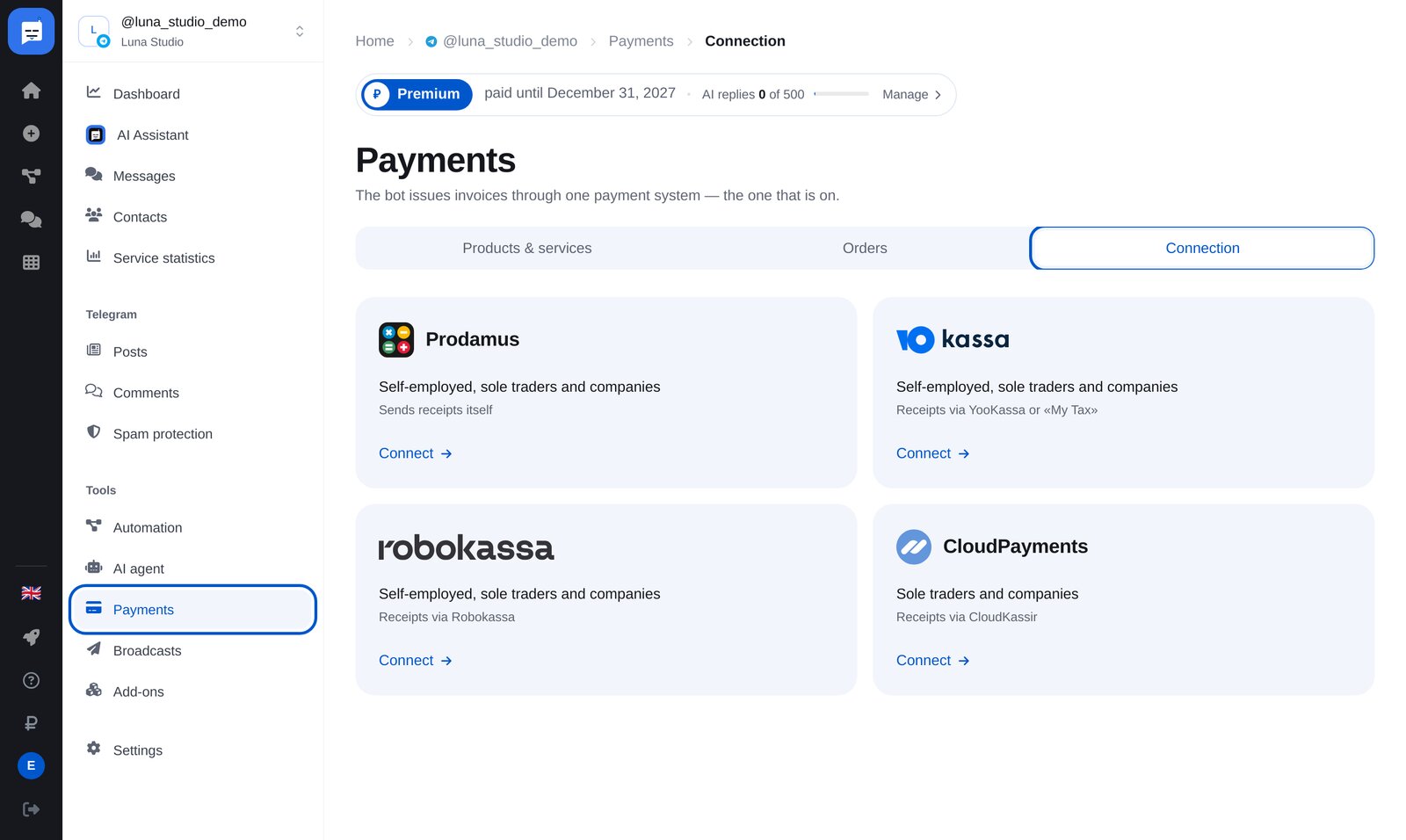 ETOCHATBOT管理画面の「Payments」：「Connection」タブと決済サービスのカード