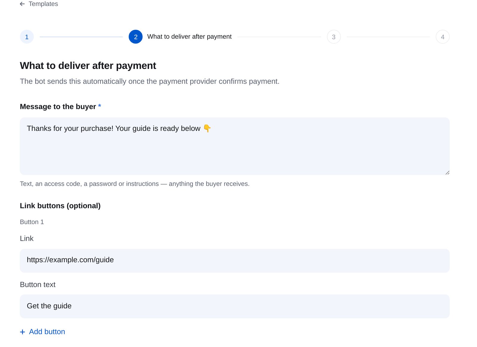 「Product or service」設定ウィザード:支払い後に送るメッセージとリンク付きボタン