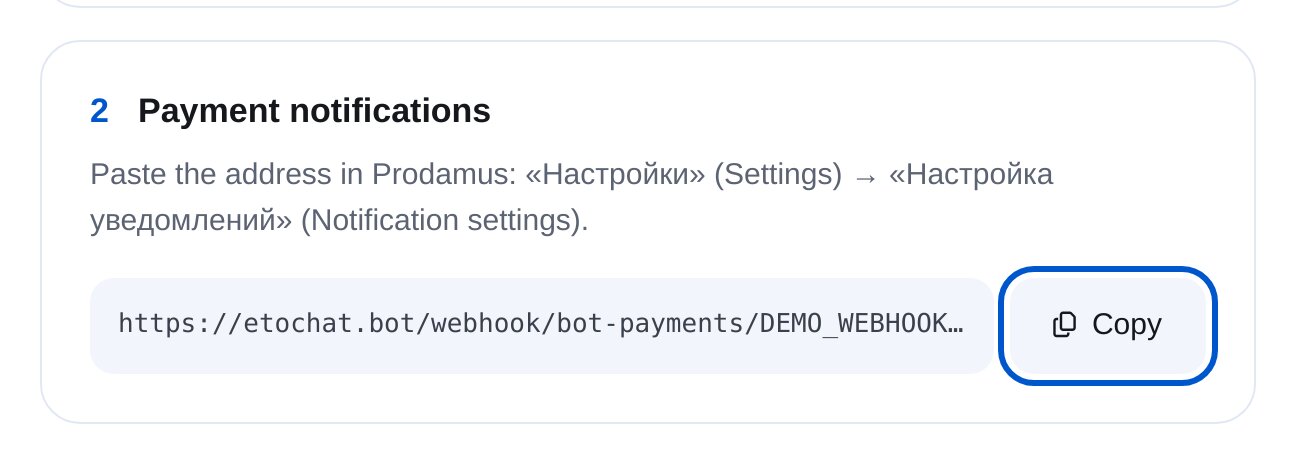 Dirección de notificaciones de Prodamus y botón «Copy» en ETOCHATBOT